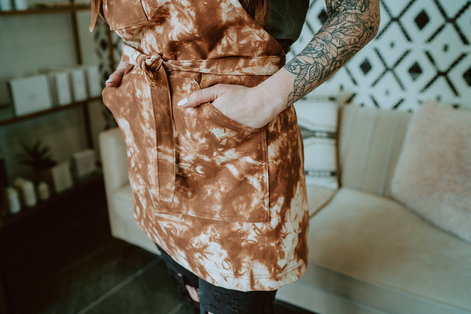 Stylist wearing rustic blast apron