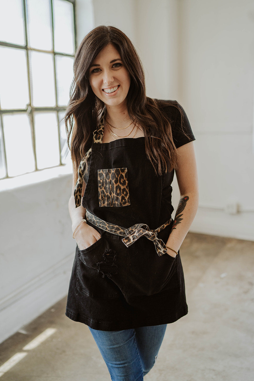 Leopard Two Tone Apron by J Clark Designed worn by smiling model