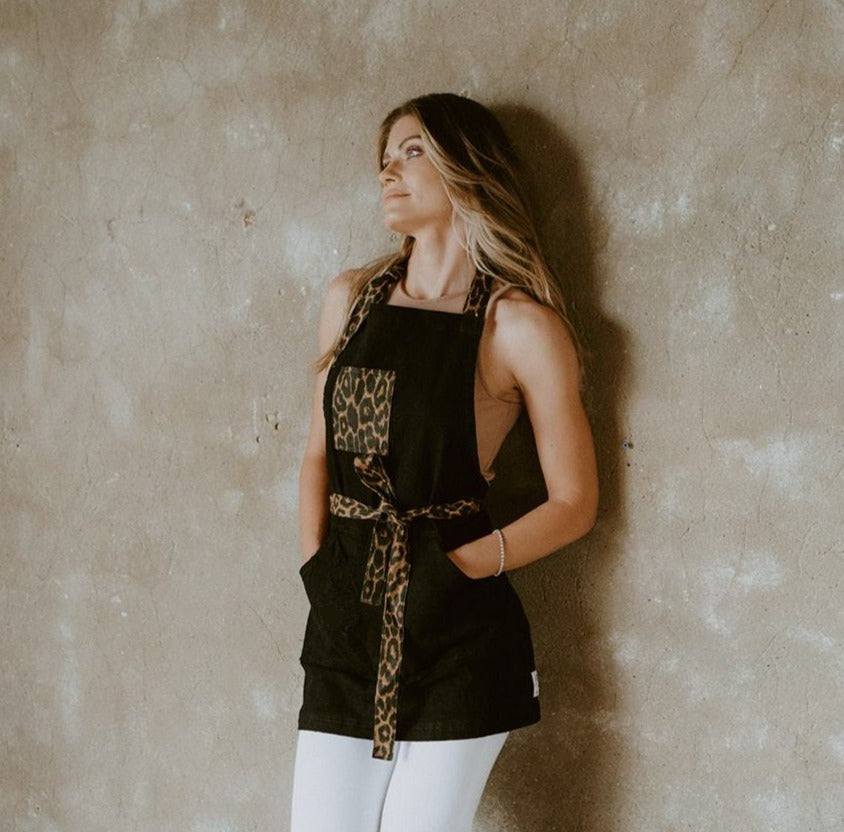 Leopard two tone apron by J Clark Designed on female model.