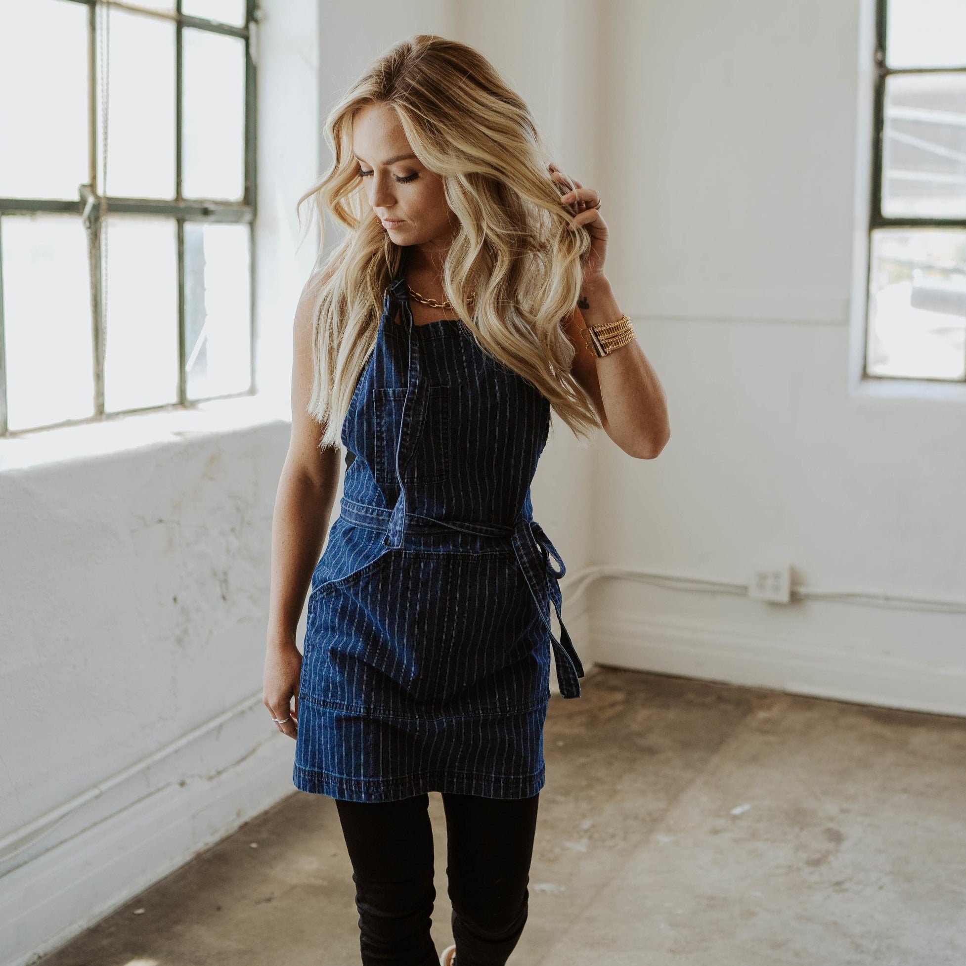 Navy Pinstripe Apron