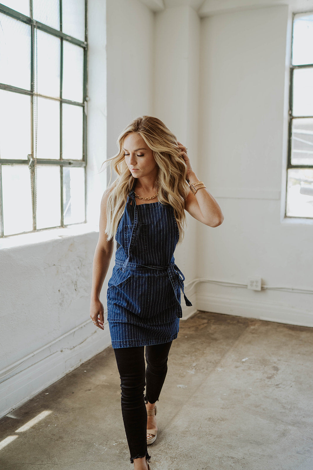 Navy pinstripe apron front view