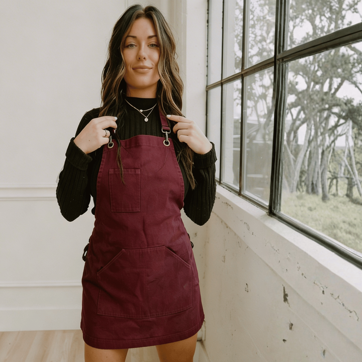 Cabernet red cross-back denim salon apron by J Clark Designed product shot