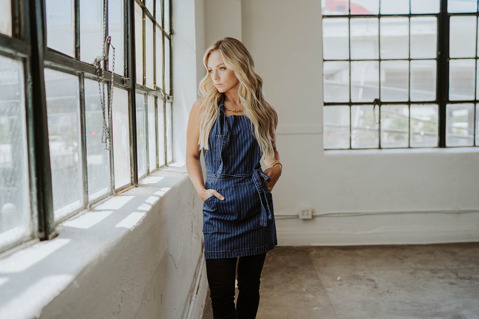 Navy Pinstripe Apron
